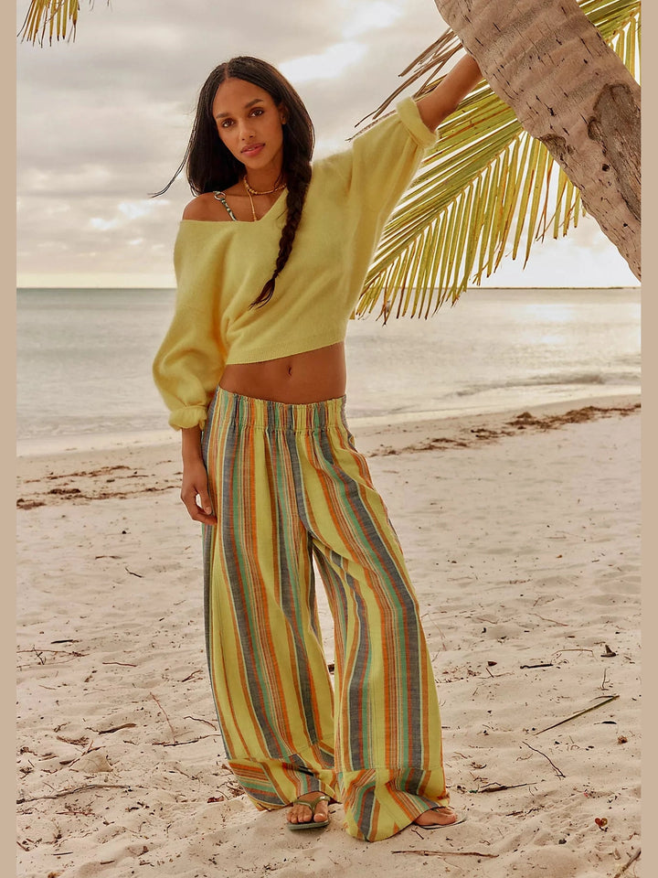 Day’s End Linen Striped Pull-On Pants - Butter Yellow Combo