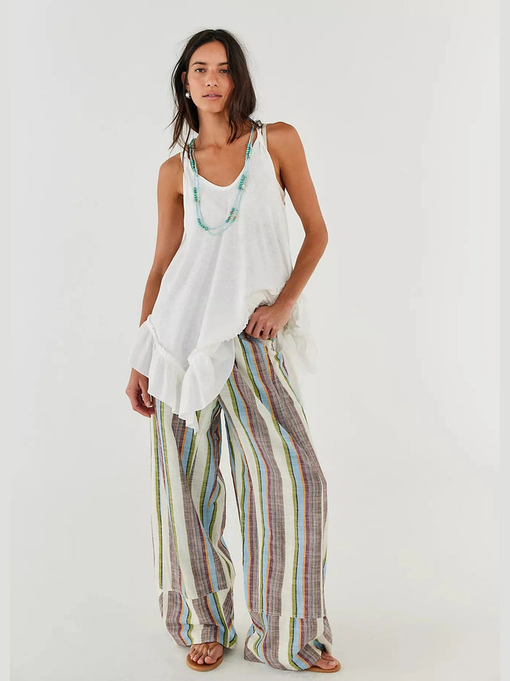 Day’s End Linen Striped Pull-On Pant- Ivory Combo