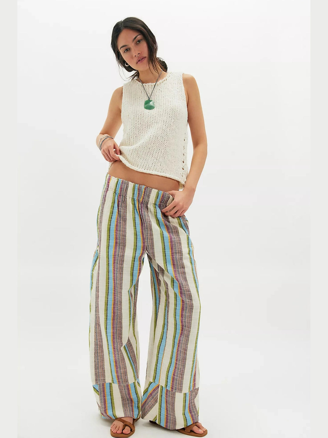Day’s End Linen Striped Pull-On Pant- Ivory Combo