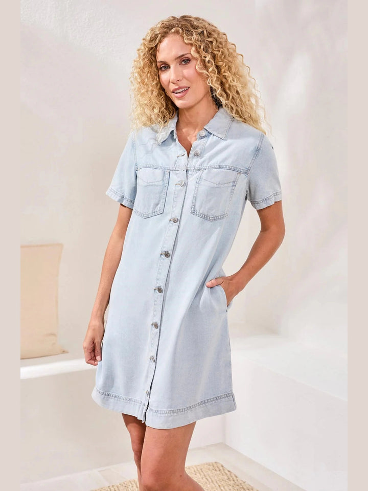 Tribal Button Front Flowy Denim Shift Dress