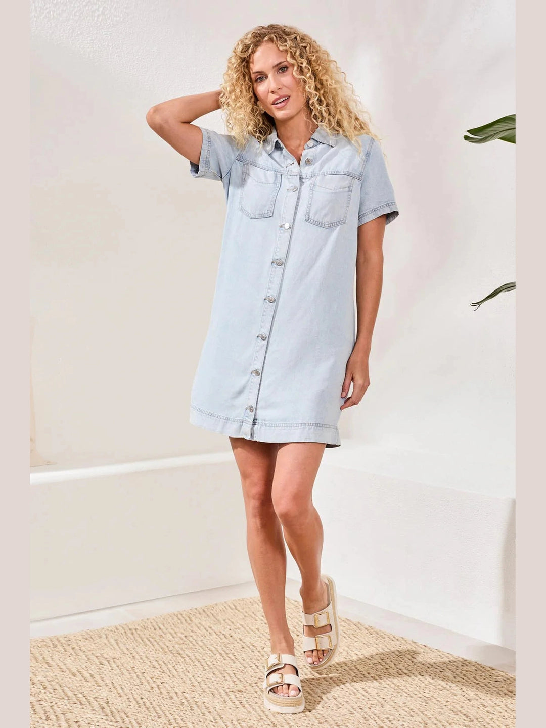 Tribal Button Front Flowy Denim Shift Dress
