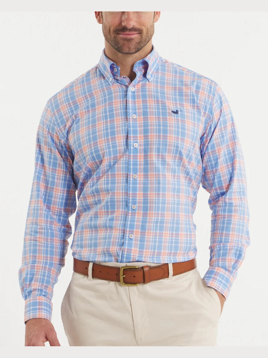 Southern Marsh Grainger Performance Plaid Dress Shirt - French Blue & Peach