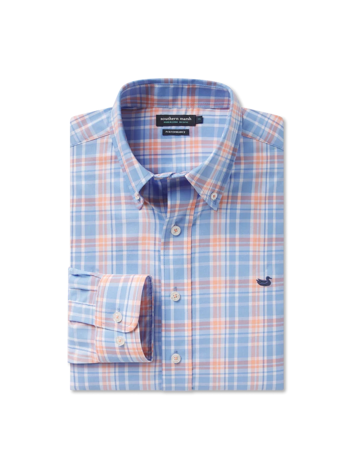 Southern Marsh Grainger Performance Plaid Dress Shirt - French Blue & Peach