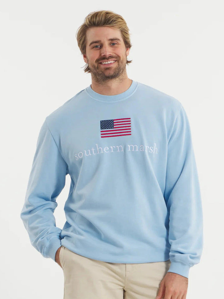 Southern Marsh SEAWASH Sweatshirt - American Flag - Washed Blue