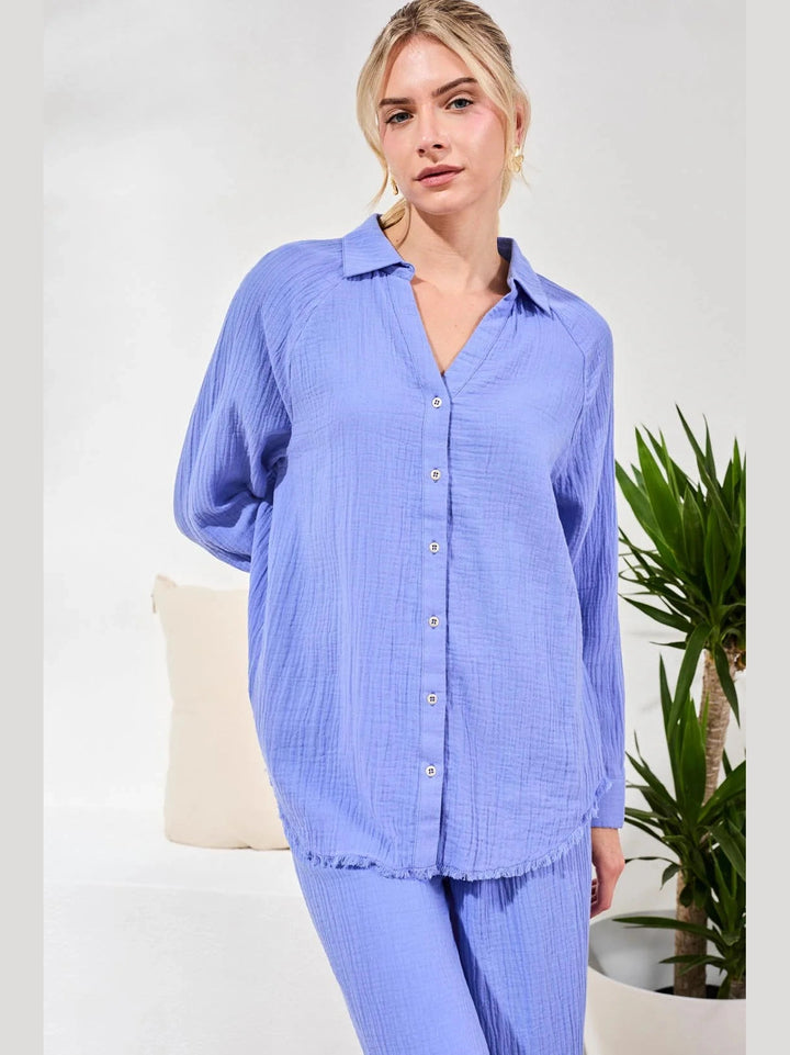 Tribal Raglan Sleeve Shirt In Crinkled Gauze - Baja Blue