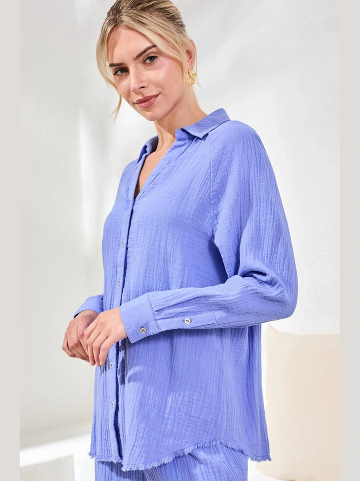 Tribal Raglan Sleeve Shirt In Crinkled Gauze - Baja Blue