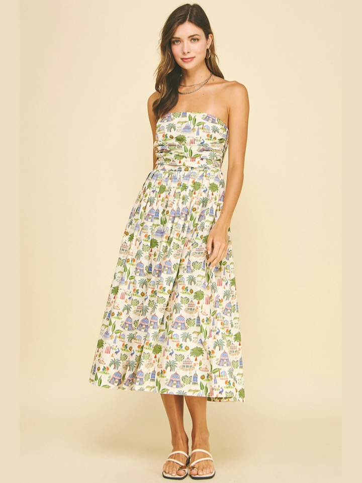 Tropical Scenic Print Strapless Midi Dress