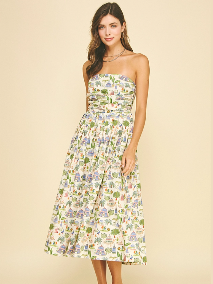 Tropical Scenic Print Strapless Midi Dress