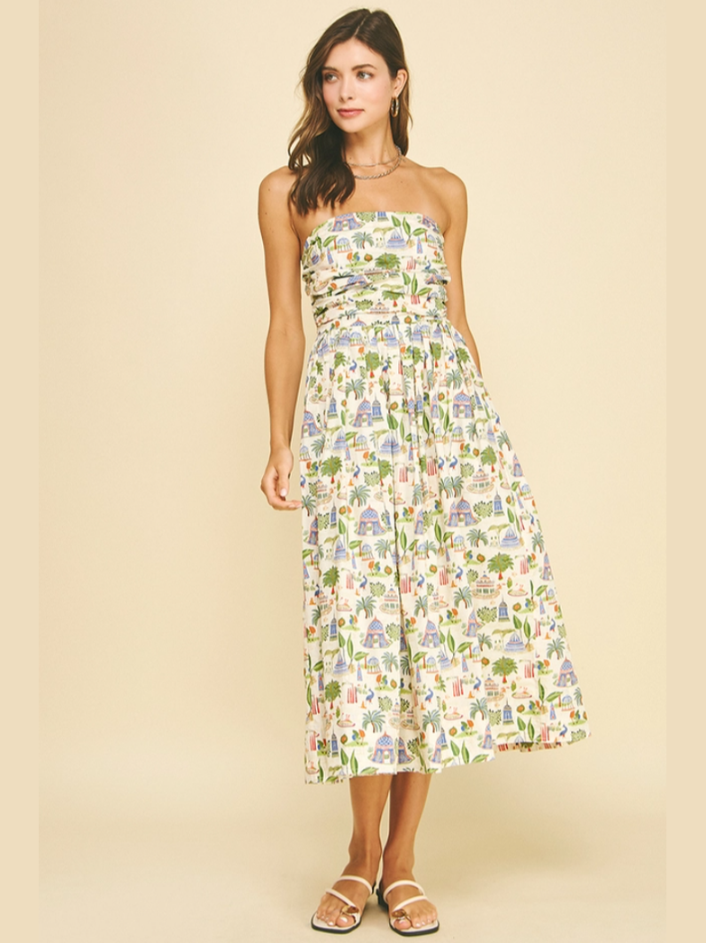 Tropical Scenic Print Strapless Midi Dress