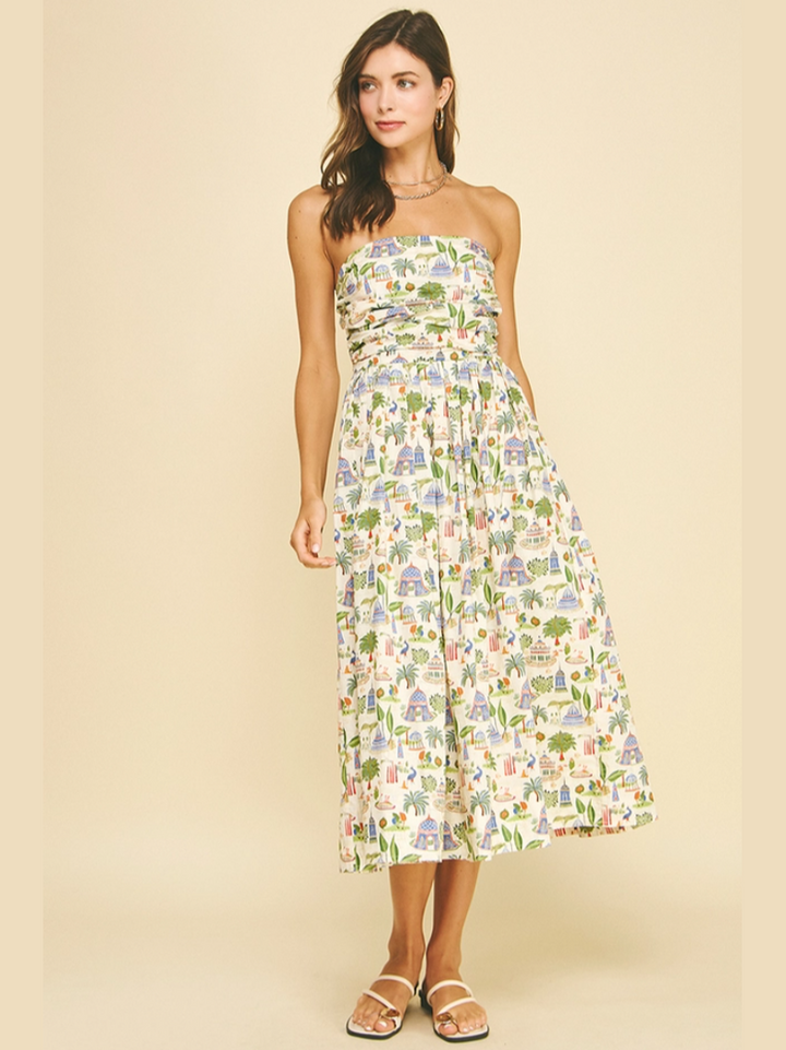 Tropical Scenic Print Strapless Midi Dress