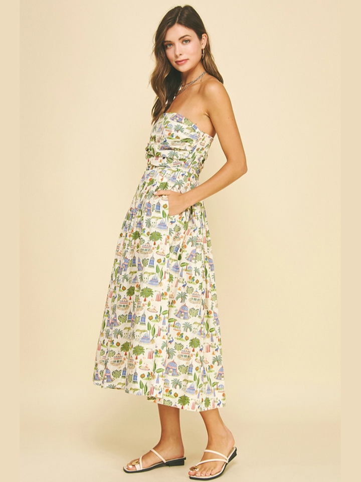 Tropical Scenic Print Strapless Midi Dress