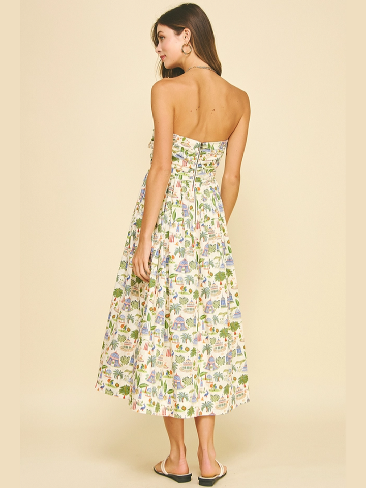 Tropical Scenic Print Strapless Midi Dress
