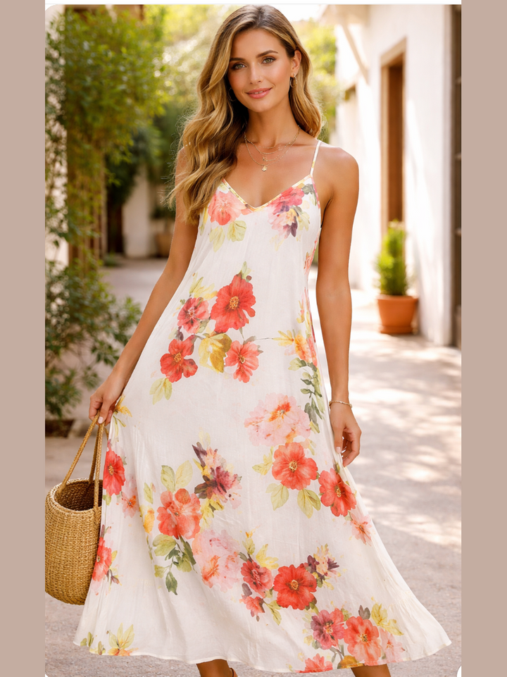 Floral Print V-Neck Linen Dress