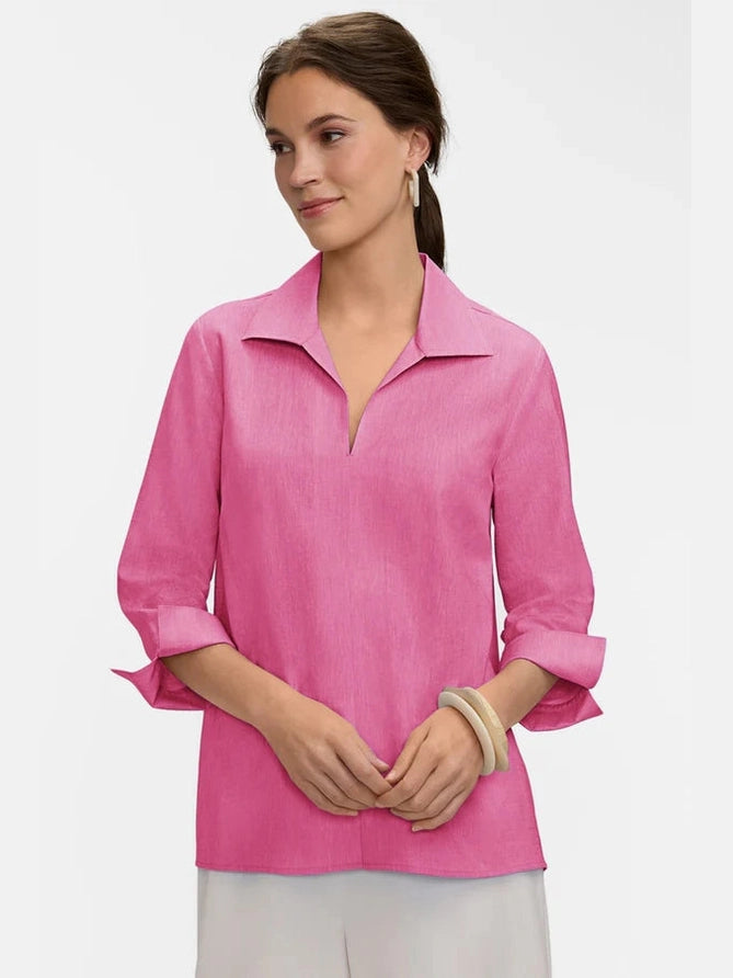 Agnes Linen Blend Popover Shirt - Cosmo Pink