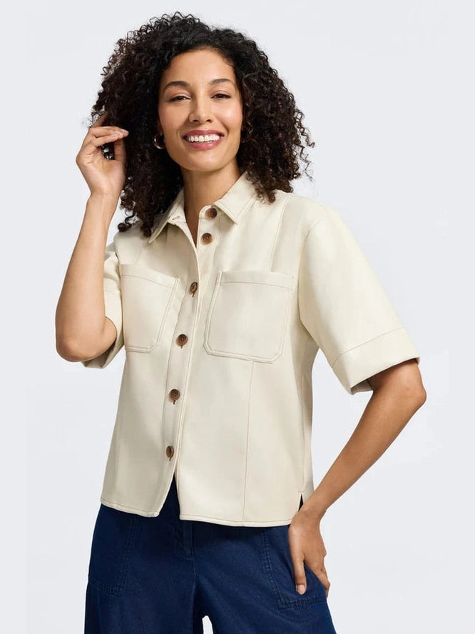 Foxcroft Demi Vegan Lether Elbow Sleeve Shirt Jacket - Cream