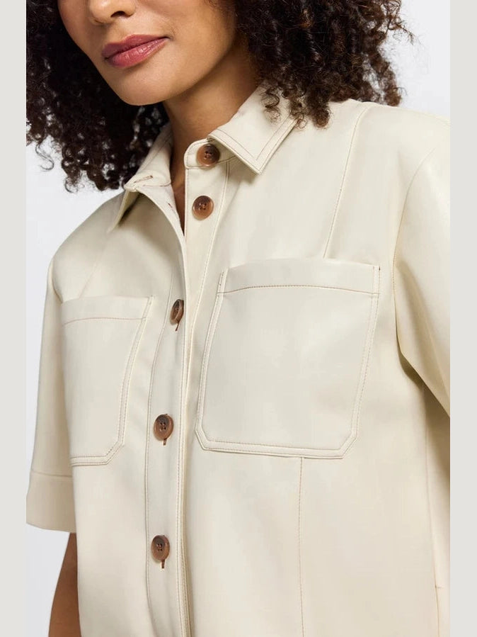 Foxcroft Demi Vegan Lether Elbow Sleeve Shirt Jacket - Cream