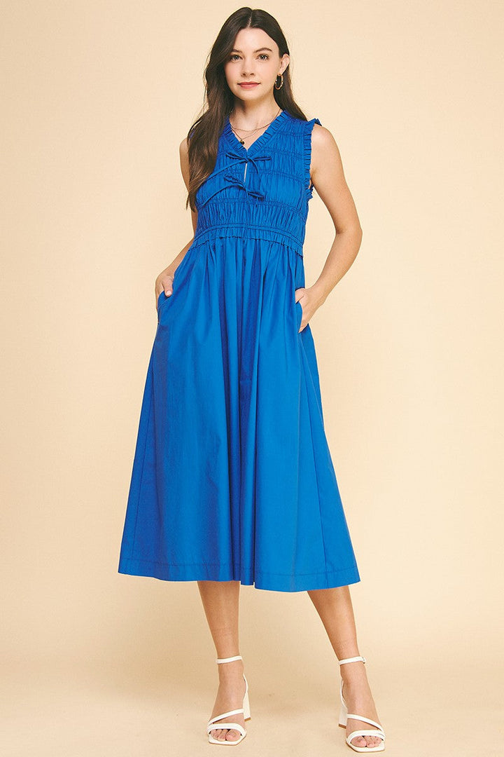 Summer Blue Front-Tie Smocked Midi Dress