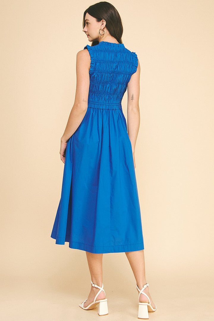 Summer Blue Front-Tie Smocked Midi Dress