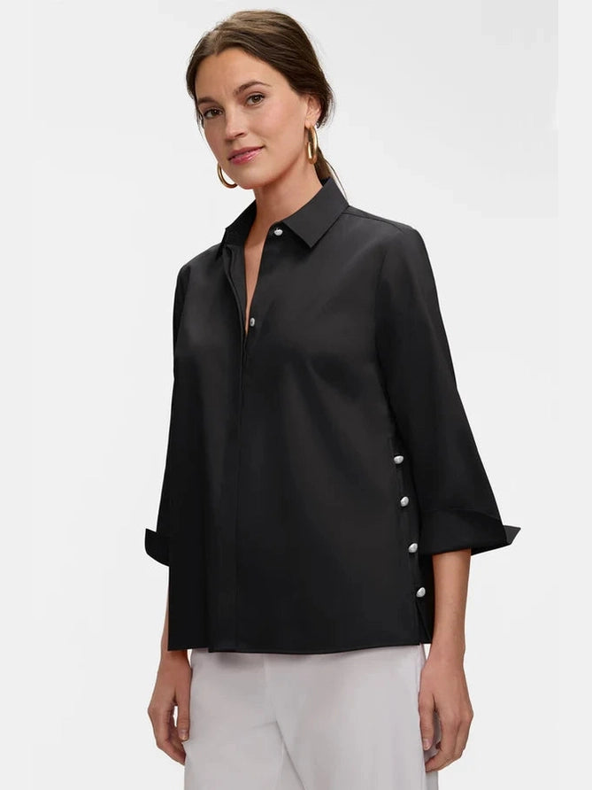 Beatrice Pearl Stretch Matte Sateen 3/4 Sleeve Shirt - Black