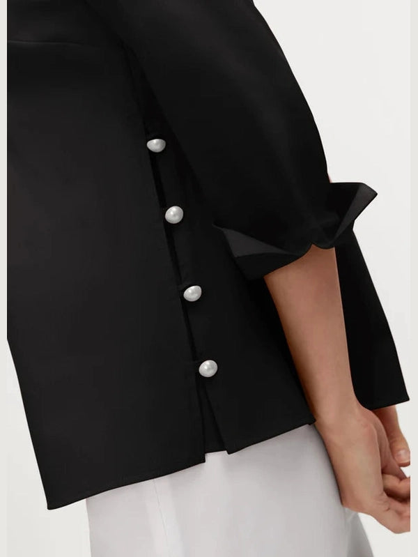 Beatrice Pearl Stretch Matte Sateen 3/4 Sleeve Shirt - Black