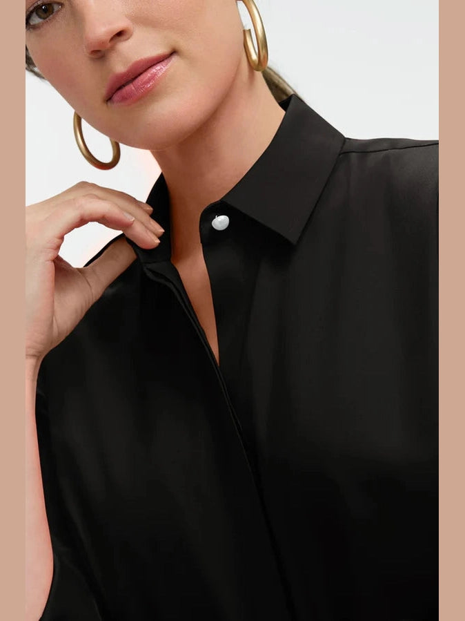 Beatrice Pearl Stretch Matte Sateen 3/4 Sleeve Shirt - Black