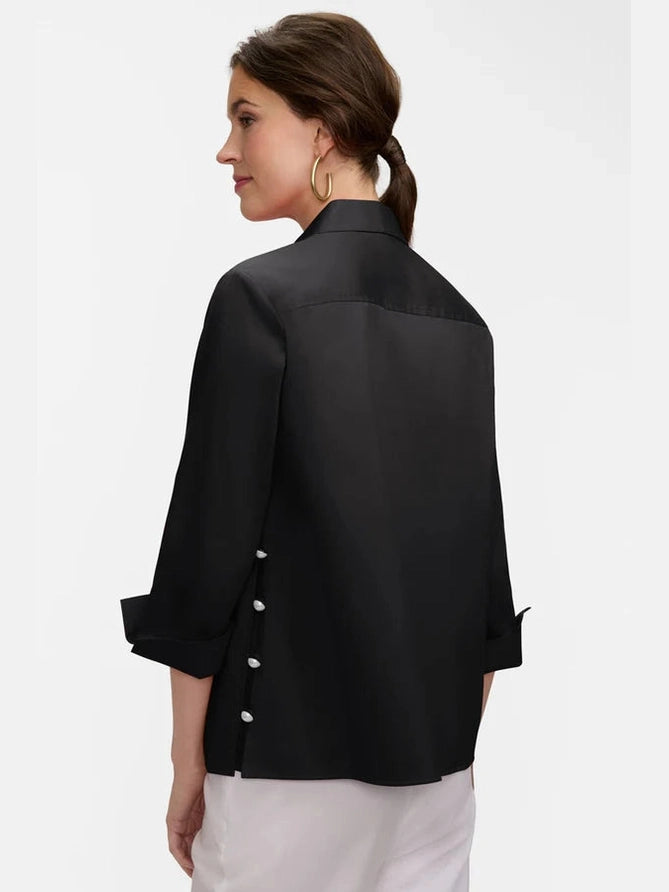 Beatrice Pearl Stretch Matte Sateen 3/4 Sleeve Shirt - Black