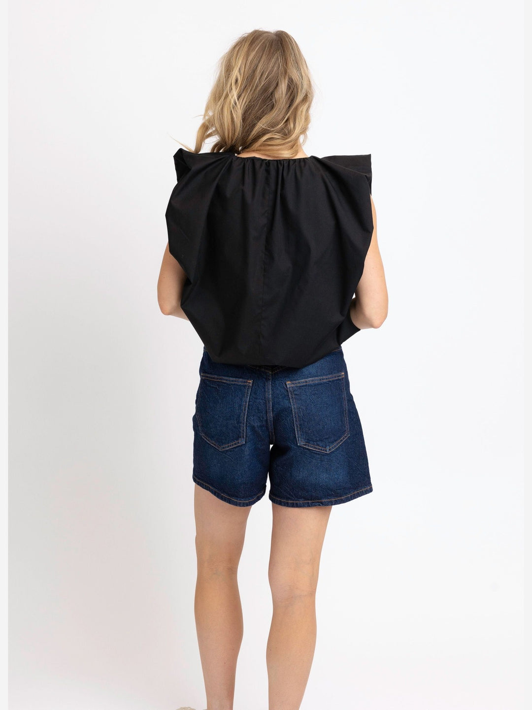 Black Poplin V-Neck Bubble Top