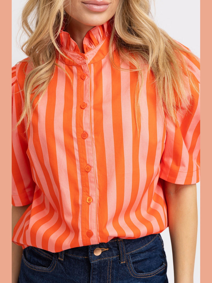 Coral Stripe Ruffle Neck Top