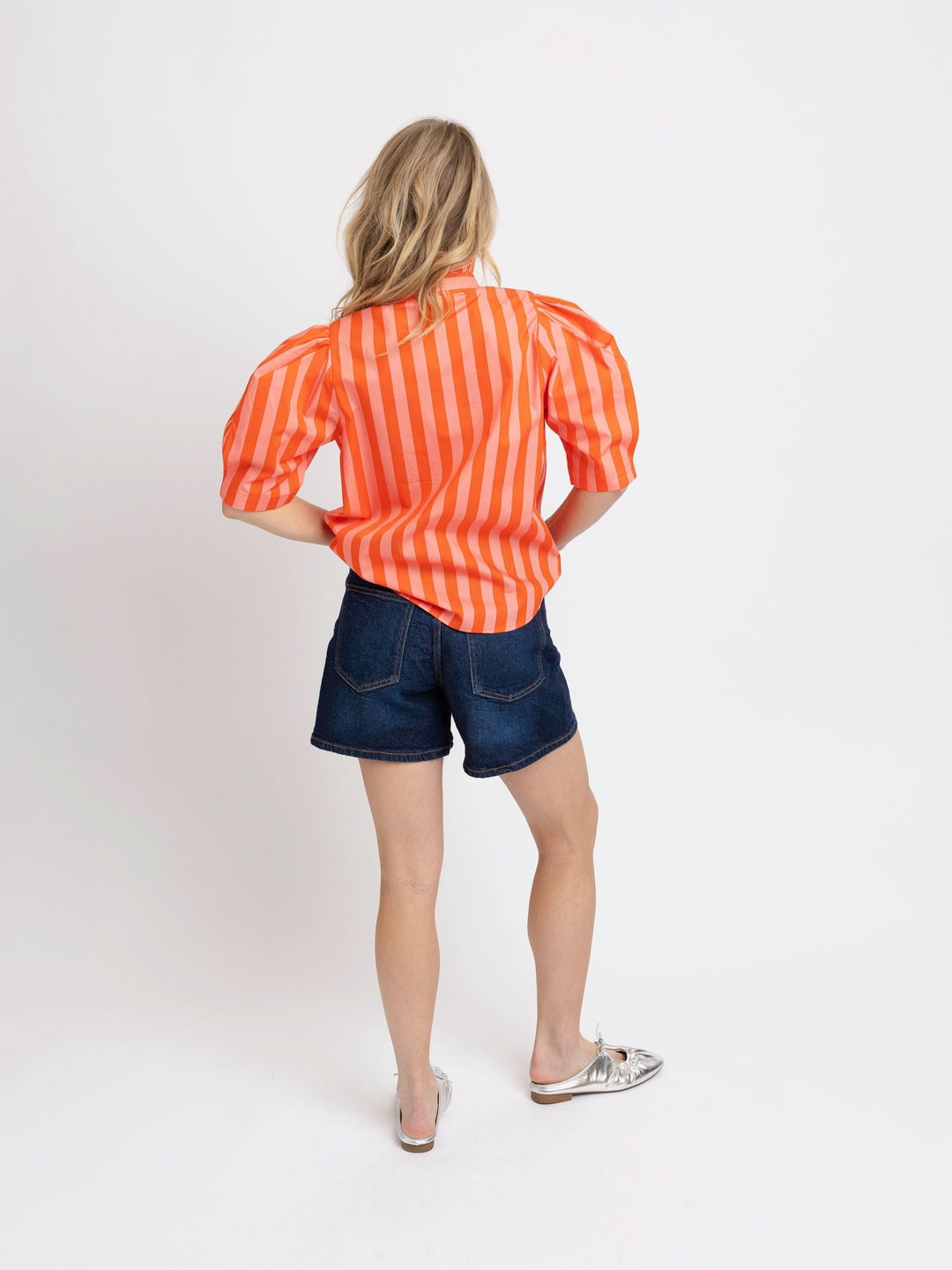 Coral Stripe Ruffle Neck Top