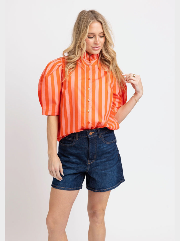 Coral Stripe Ruffle Neck Top