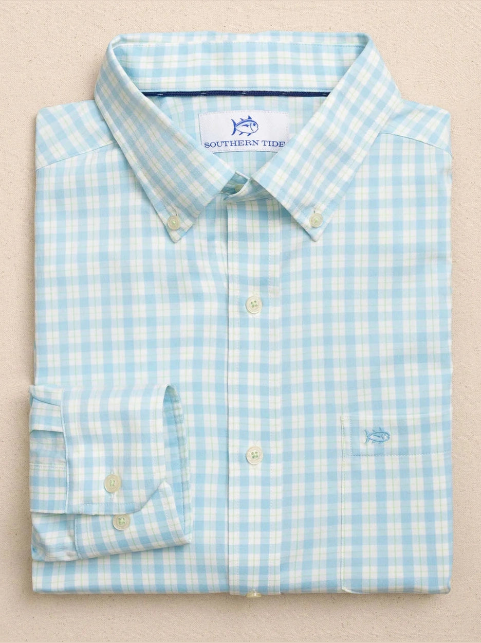 Precheck Plaid Coastal Breeze Sport Shirt - Tropical Breeze Blue