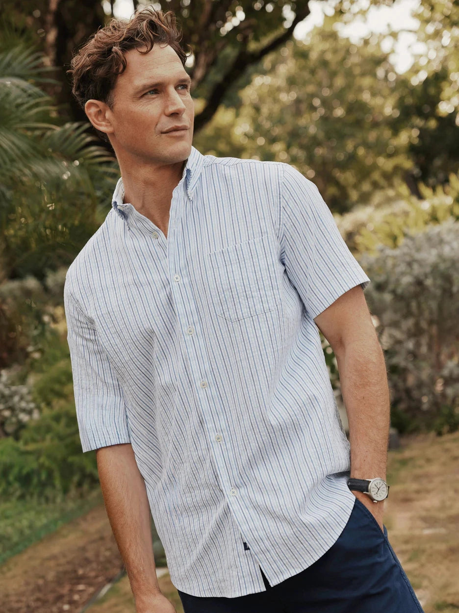 Marina Seersucker Coastal Breeze Short Sleeve Sport Shirt - Tropical Breeze Blue