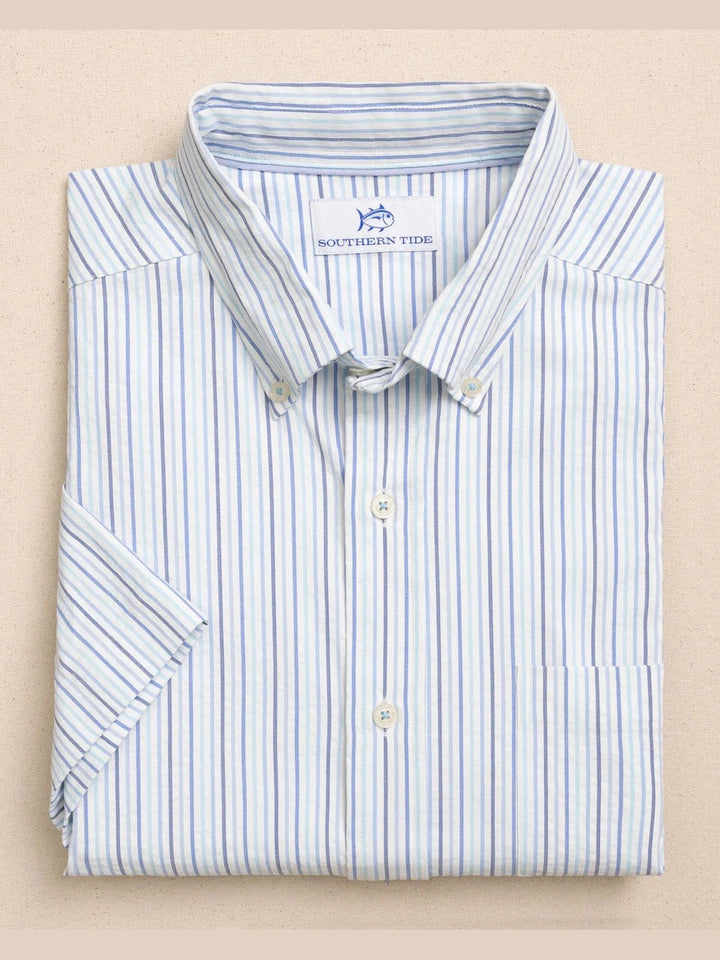 Marina Seersucker Coastal Breeze Short Sleeve Sport Shirt - Tropical Breeze Blue