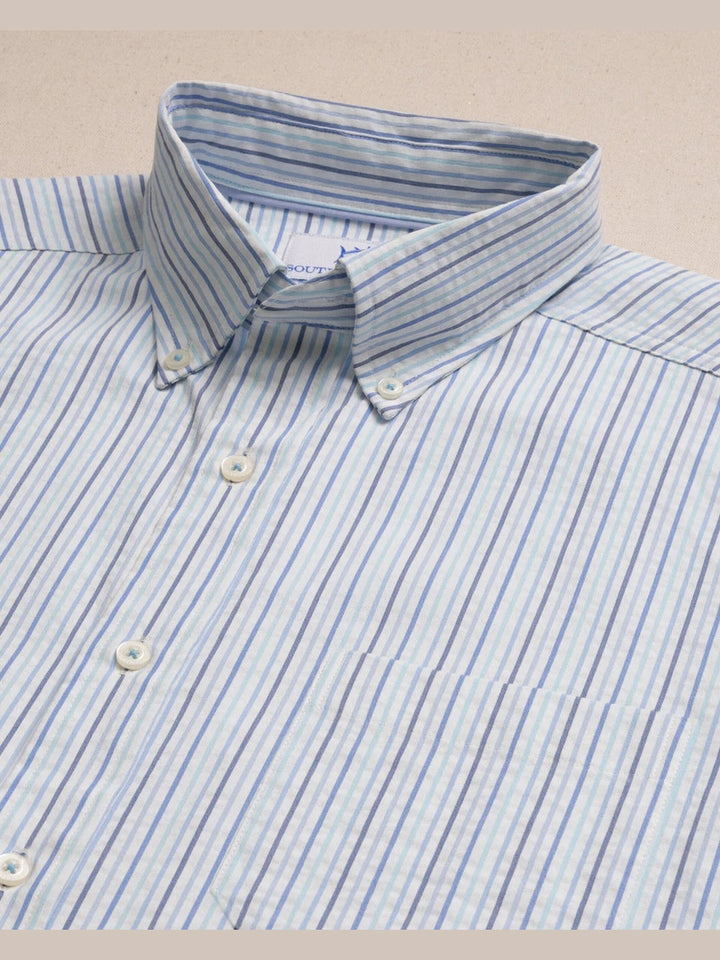 Marina Seersucker Coastal Breeze Short Sleeve Sport Shirt - Tropical Breeze Blue