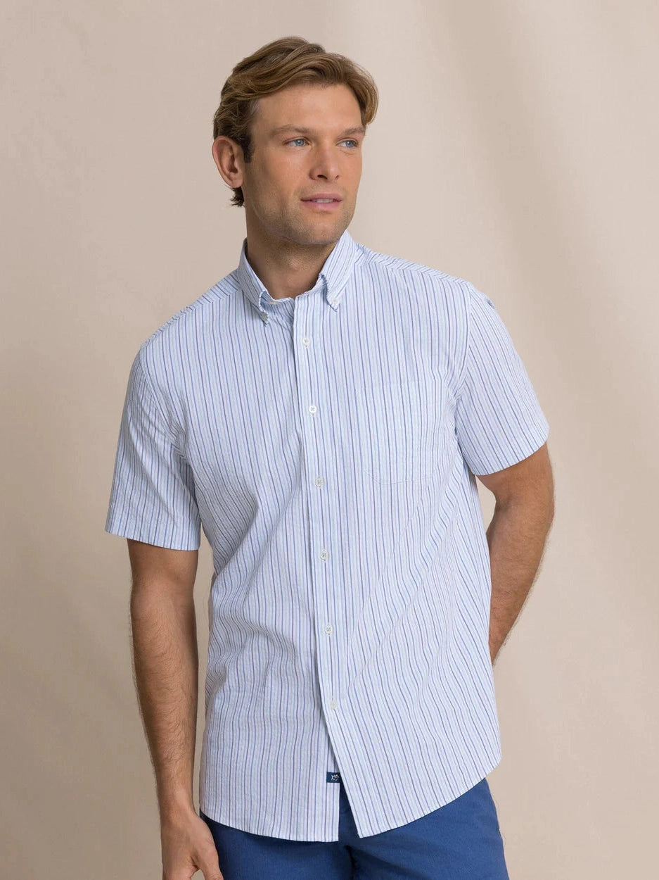 Marina Seersucker Coastal Breeze Short Sleeve Sport Shirt - Tropical Breeze Blue