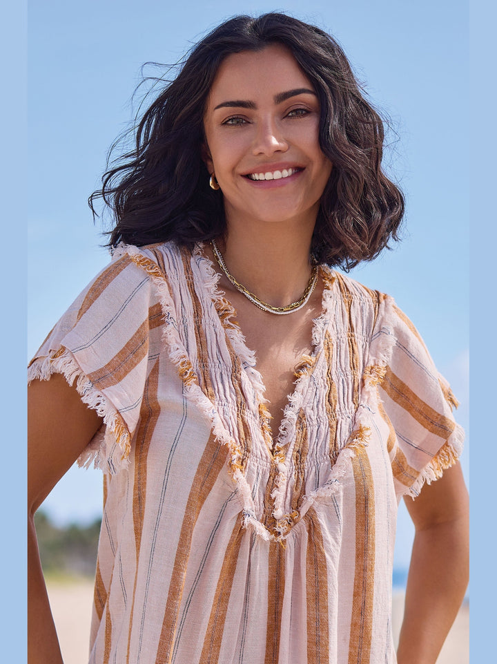 Textured Linen V-Neck Top - Sahara Beige