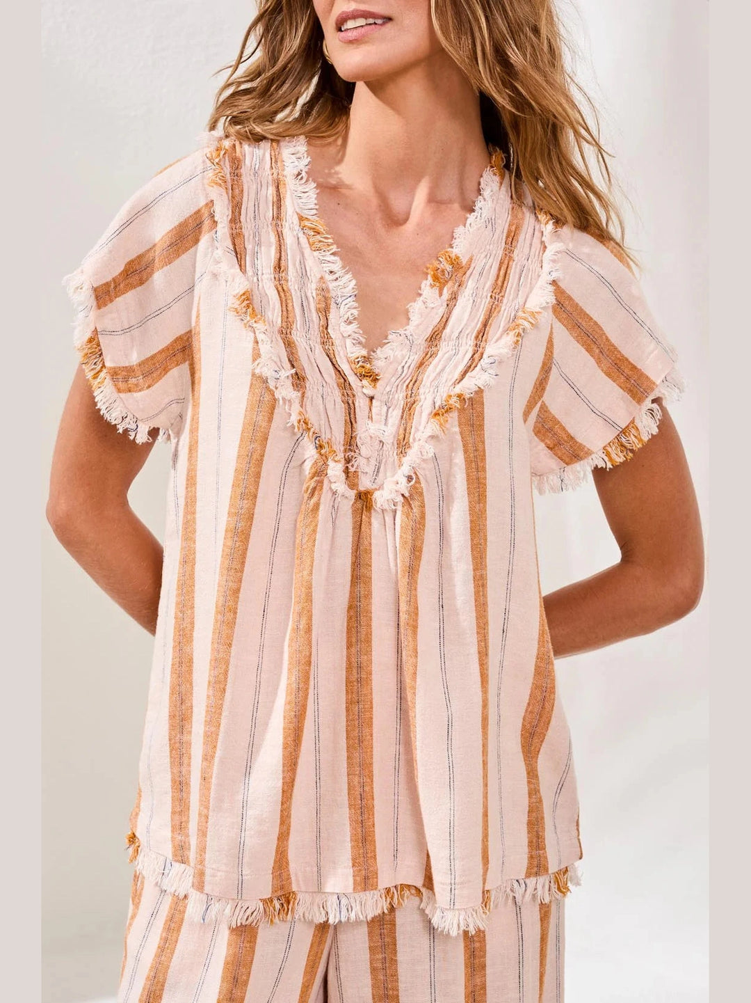 Textured Linen V-Neck Top - Sahara Beige