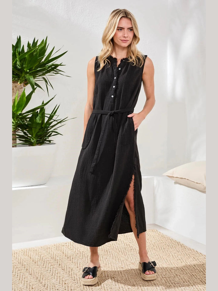 Crinkle Gauze Belted Midi Dress - Black