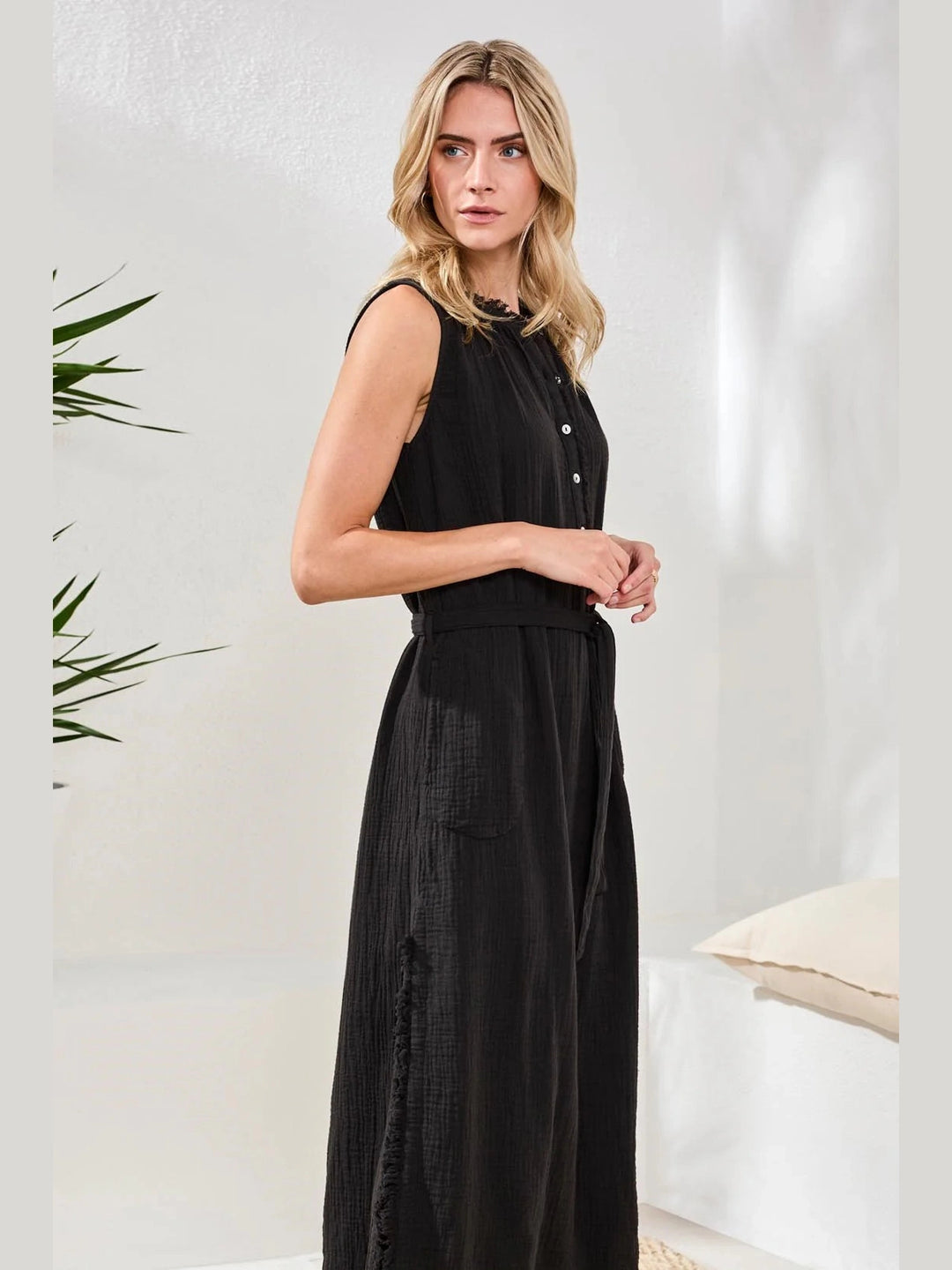 Crinkle Gauze Belted Midi Dress - Black