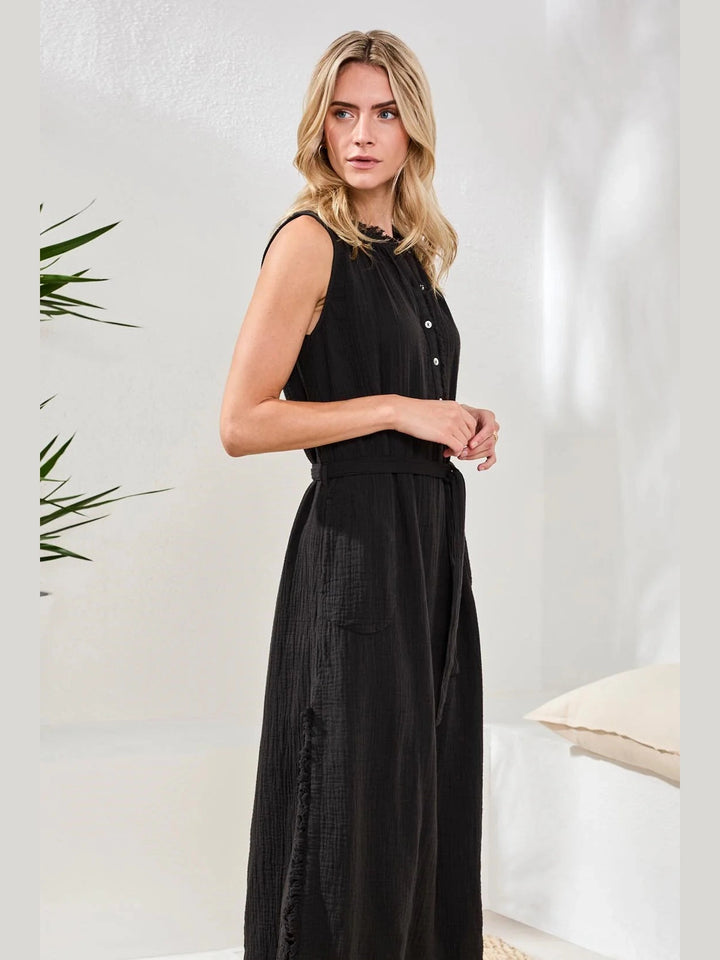 Crinkle Gauze Belted Midi Dress - Black