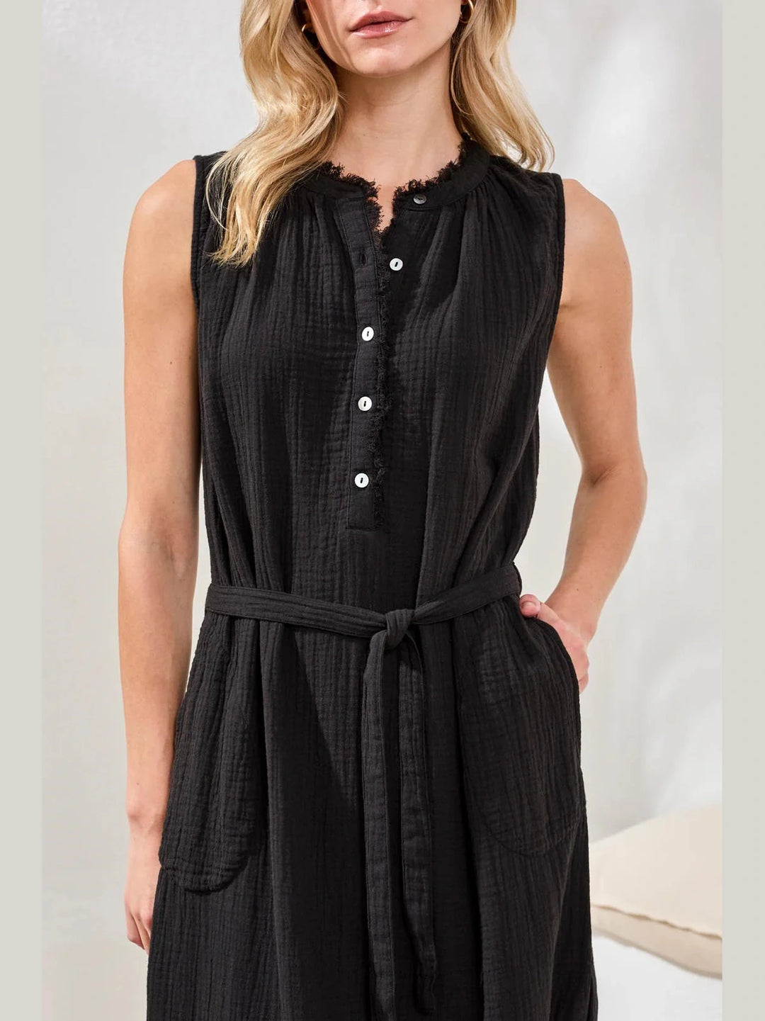 Crinkle Gauze Belted Midi Dress - Black