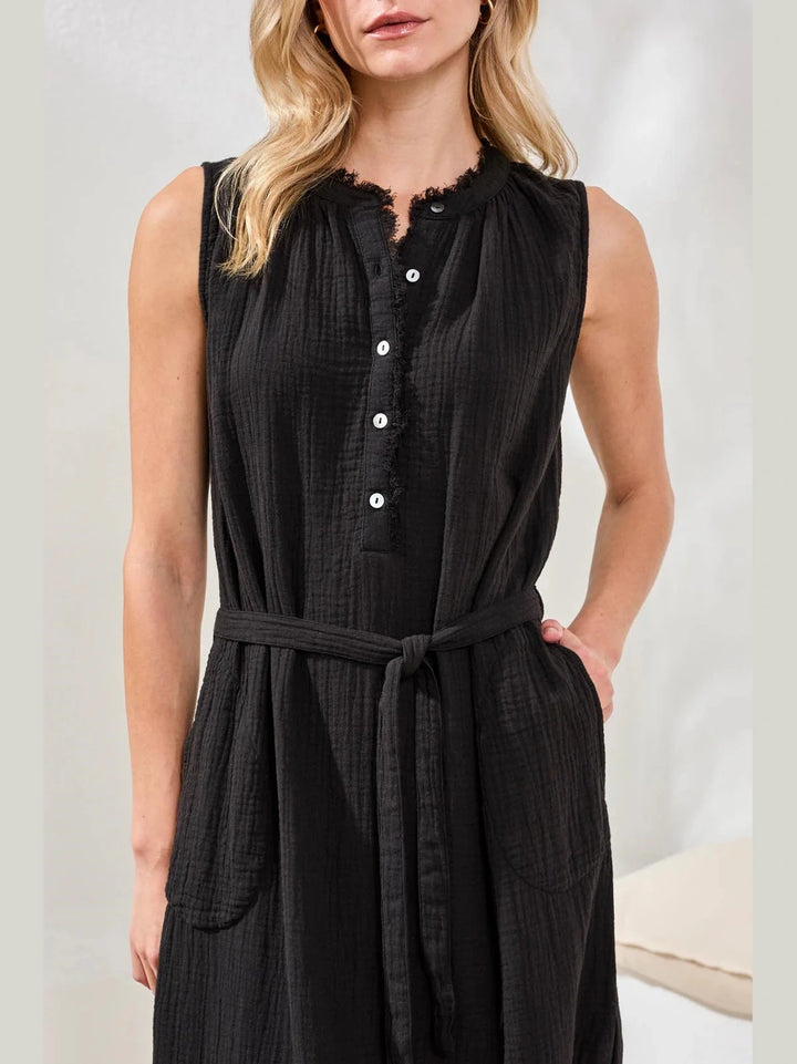 Crinkle Gauze Belted Midi Dress - Black