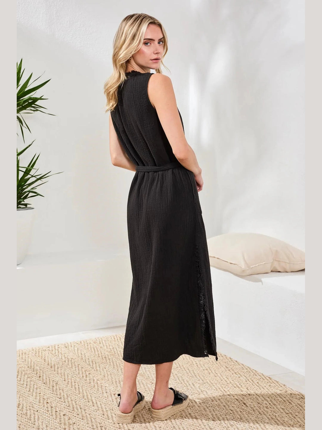 Crinkle Gauze Belted Midi Dress - Black