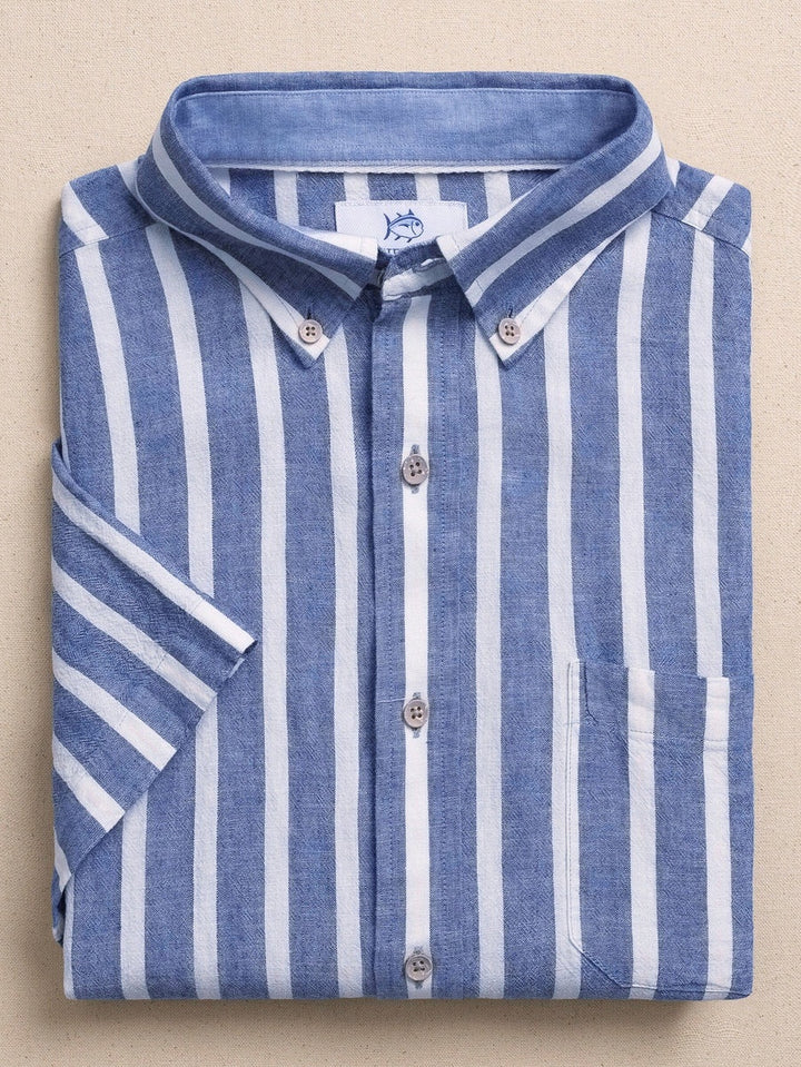Seamark Stripe Linen Rayon Short Sleeve Sport Shirt