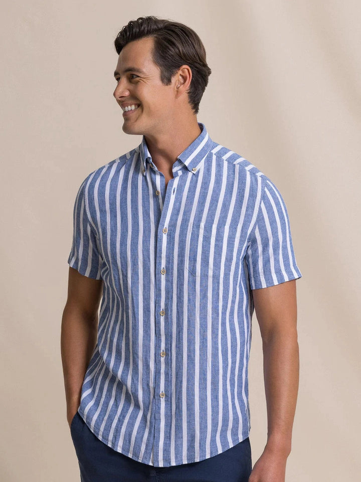 Seamark Stripe Linen Rayon Short Sleeve Sport Shirt