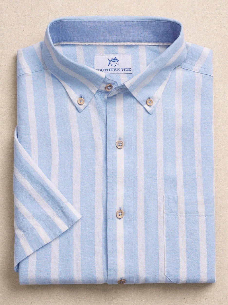 Seamark Stripe Linen Rayon Short Sleeve Sport Shirt