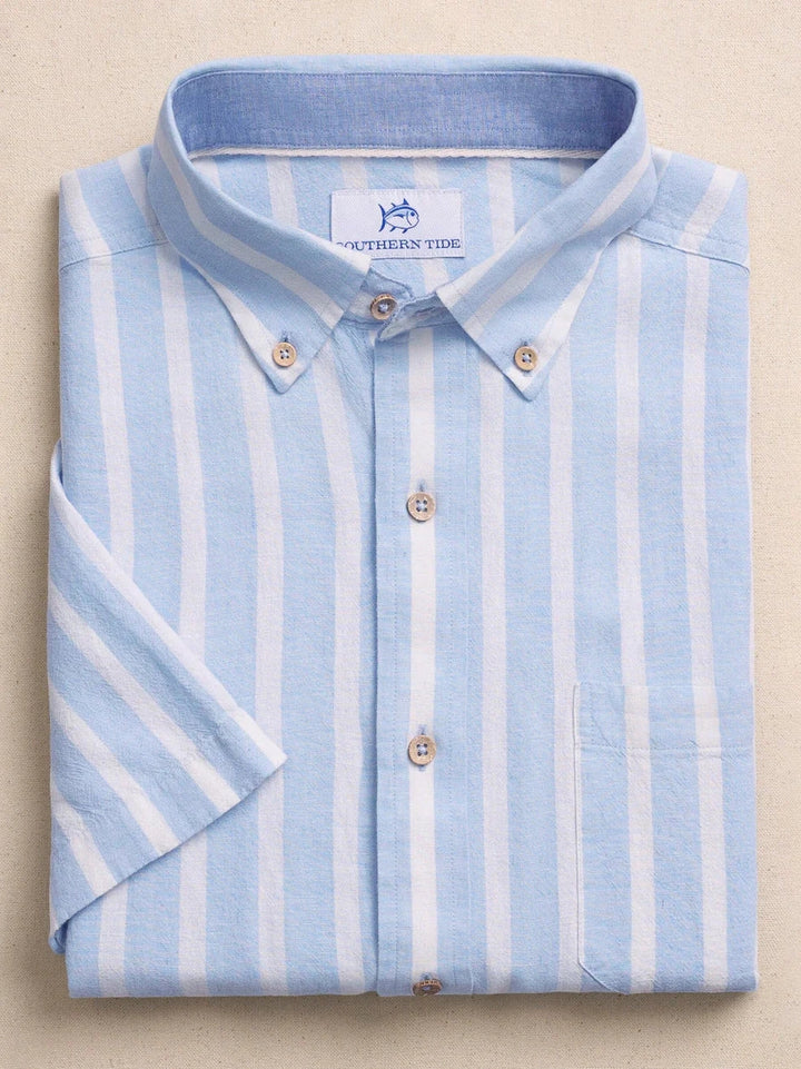 Seamark Stripe Linen Rayon Short Sleeve Sport Shirt