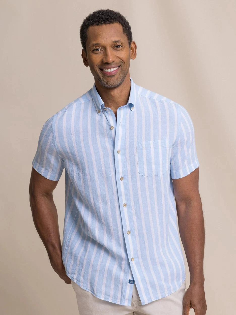 Seamark Stripe Linen Rayon Short Sleeve Sport Shirt