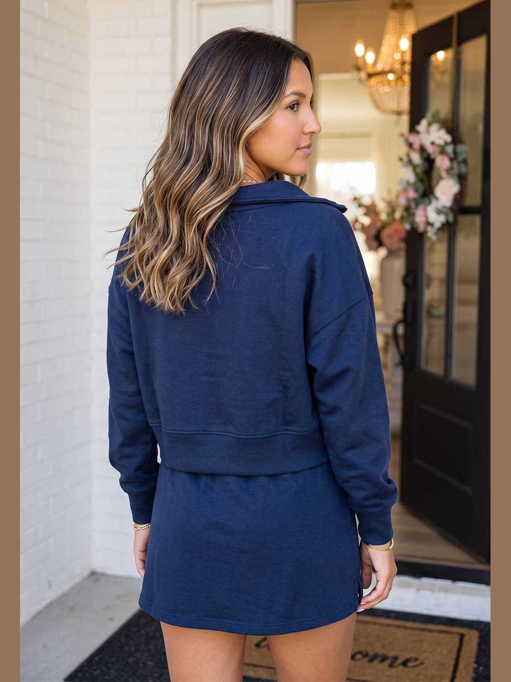 Solid Zip Neck Drawstring Skirt 2pcs Lounge Set