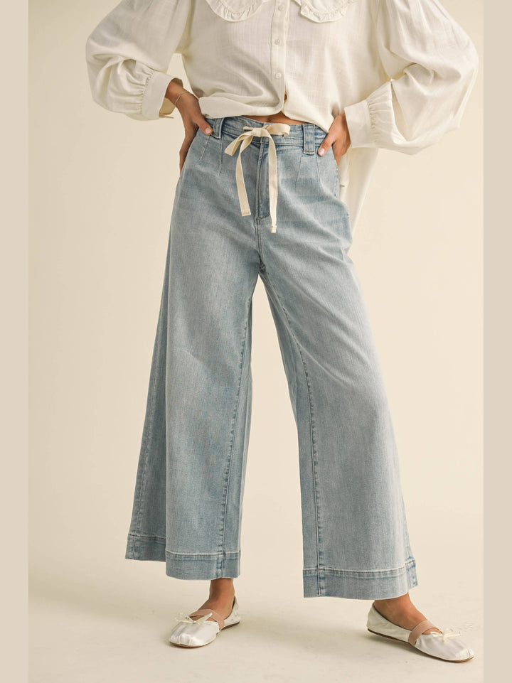 Washed Denim Tie Front Pants
